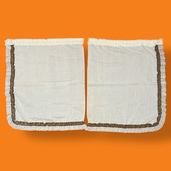 70s Vintage Cream Brown Gold Floral Ruffle Lace Hippy Curtain Valance 15PC SET - Picture 2 of 9